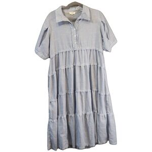 Umgee USA Womens Blue White Striped Tiered Midi Dress Short Sleeve Small Boho
